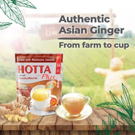 HOTTA Plus Instant Ginger Drink With Mushroom Extracts Soothes Sore Throat Caffeine Free Hot or Cold Tea High Vitamin C & E Real Asian Ginger, 10 Sachets