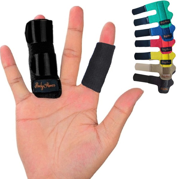 BodyMoves Finger Splint plus sleeve for trigger mallet broken finger post surgery rehabilitation (1 pc set, Midnight Black)