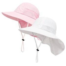 LO SHOKIM 2 Pack Baby Sun Hat Neck Flap Toddler UPF 50+ Sun Protection Breathable Bucket Fishing Hat Wide Brim Beach Hat Infant Summer Adjustable Cap Boys Girls (White+Light Pink,2-6 Years)