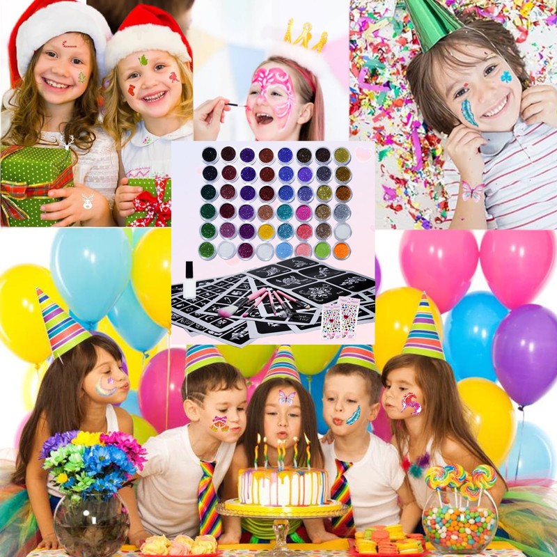 Stutfree 48 Colours Glitter Tattoo Set Children, Temporary Glitter Tattoos