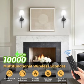 DORESshop Battery Operated Wall Sconce Set of Two, 10000mAh Black Rechargeable Wall Lights, Wall Decor Easy Installation, Wireless Wall Sconces with Remote, Wall Lamps for Bedroom Living Room Hallway