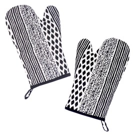 Lashuma Cooking Gloves Pair Black White 2 x Oven Gloves Cotton 30 x 20 cm Geometric Pattern