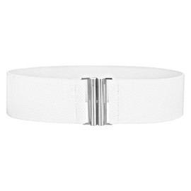 Andibro Wide Elastic Belt for Women, Stretch Waist Belt Ladies Dress Buckle Belt Vintage Cinch Belt Adjustable Waistband, White + silver buckle