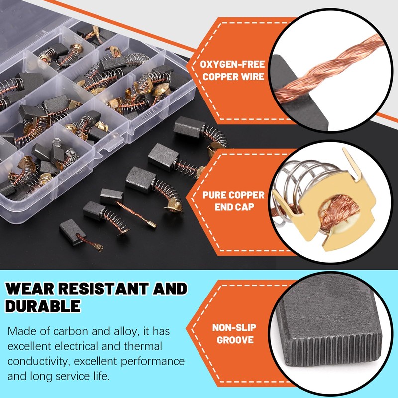 Tanstic 40Pcs Electric Motor Carbon Brushes, 10 Different Sizes Carbon
