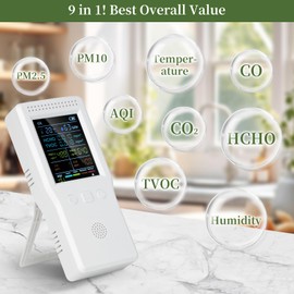 9-in-1 Air Quality Monitor, Indoor Air Quality Meters for PM2.5, PM10, AQI, CO2, CO, TVOC, HCHO, Humidity & Temperature Detector, Portable Air Quality Tester