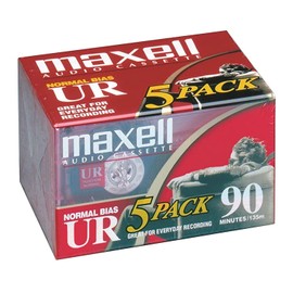 Maxell UR 90 Cinta de casete de grabación de audio en blanco de polarización normal, bajo nivel de ruido, tiempo de grabación de 90 minutos, paquete de 5