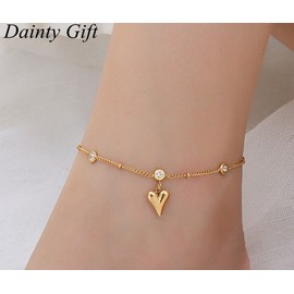 DAINTY Women /Girl Titanium Stainless Steel CZ Gold Heart Anklet Foot Bracelet 7.7-9.7"