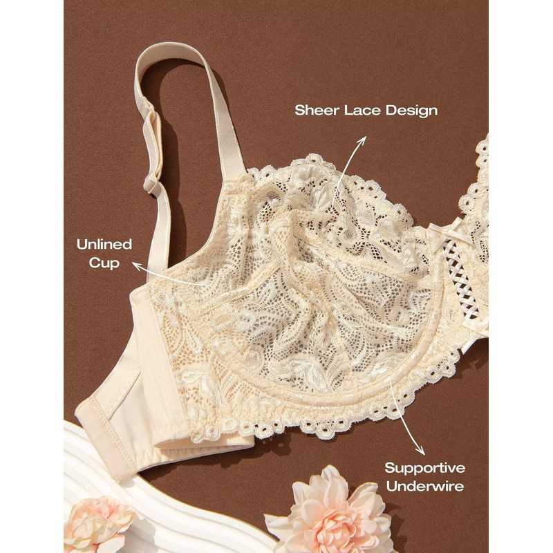 Deyllo Women’s Sheer Lace Bra Underwire Unlined Bra Full Coverage
