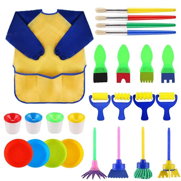 LOKIPA Sponge Paint Brushes Kits Kids Paint Tools with Waterproof Artist Apron,Foam Paint Brushes Set, Paint Pots (25 pcs)