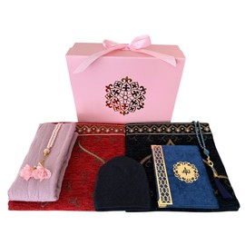 SAIKA 7 Pieces Prayer Rug Set, Prayer Rug Set for Couples & Families, Prayer Beads, Scarf, Muslim Hat, prayer mats & Short Surahs Book, Islamic Gift, Janmaz, Salah mat, Rmadan Gift (ROSE BOX SET)