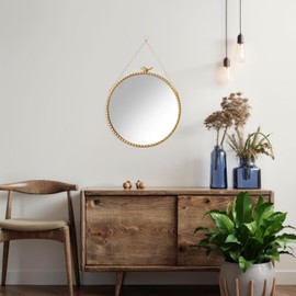 Stbvuxk 9.8 Inch Small Vintage Gold Round Wall Mirror with Sparrow Design-Iron Framed Mirror for Bathroom, Bedroom Or Dressing Room-Small Wall Mounted Mirror with Metal Bead Accents