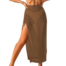 ZAFUL Women's Swimsuit Cover Up Crochet Sheer Knit Side Slit Maxi Beach Skirt Sarong (1-Deep Brown, XL)