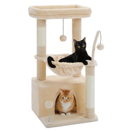 PEQULTI 4-in-1 Cat Tree, 33'' Cat Tower for Indoor Cats with Large Cat Condo, Scratching Post for Cats with Deep Hammock& Cozy Top Perch, Beige