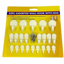 Orbitron 22 Pcs Plastic Wall Hooks with Nails and Screws Assorted Sizes White Hooks