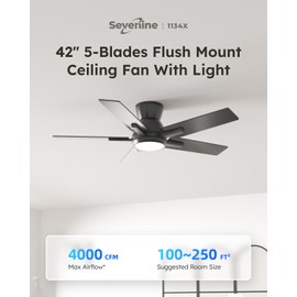 Sevenine 42 Inch Black Flush Mount Ceiling Fans with Lights and Remote, Black Low Profile Ceiling Fan for Bedroom Living Room Patio/Outdoor, Quiet 6 Speed Reversible DC Motor, 3CCT, Dimmable, 3 Timers