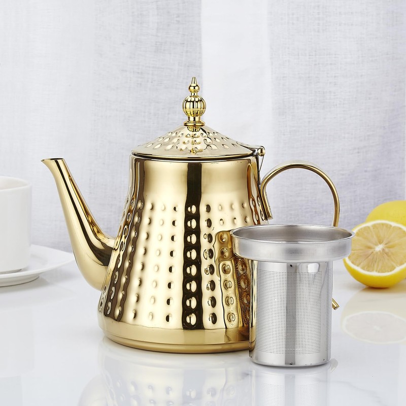 SANQIAHOME 1.2L(40oz) Stainless Steel Hammer Patterned Teapot With Removeable Infuser,Loose