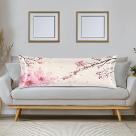 Silk Satin Body Pillow Cover for Hair and Skin,Cherry Blossom Long Pillow Case Protector with Envelope Closure,Flower Pillow Covers Pink Decorative Bed Cushion Covers Cases for Sleep,Couch,20"x54"
