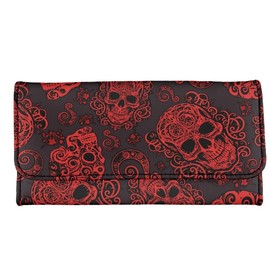 Jolamirel Red Sugar Skulls Women's Clutch Organizer Mexican Folk Art Trifold Card Holder, Candy Skull Floral Tall Billfold Cash Wallet With ID Window, Black