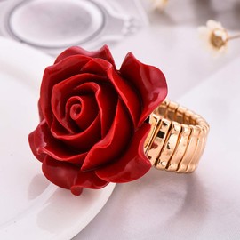 aimiliqi Vintage Rose Statement Ring, Red Flower Design, Gold-Plated Adjustable Band, Zinc Resin, Azurite