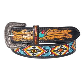 American Darling Large Hand Tooled Black Genuine Leather Beaded Belt Men & Women Western with Removable Buckle