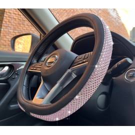 PINCTROT D Shaped Bling Comfy Steering Wheel Cover with Jumbo Crystal Rhinestones, Anti-Slip Diamond Leather, Flat Bottom 14.5-15 Inch (Pink)