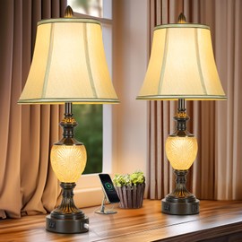 27'' High Vintage Table Lamp Set of 2 for Living Room Farmhouse Bedside Lamp with Fabric Shades Boho Nightstand Lamp with USB and Nightlight for Bedroom Home Office Hotel Bar (Led Bulb Included)