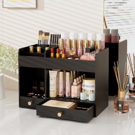 LONTAI Bamboo Makeup Organizer with Drawers, Cosmetic Storage for Lipstick Organizer Beauty Holder Skincare Organizer for Dresser Vanity Bathroom Countertop, No Assembly Required (Black)