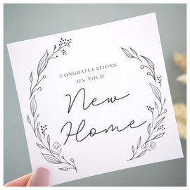 New Home Card | Congratulations New Homeowners Card | Card for Friend sister Mum Colleague | Monochrome Classy Floral Wreath | 148mm Square Modern Greeting Card