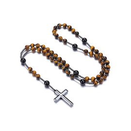 Jovivi Catholic Rosary Necklace Tiger's Eye Obsidian Necklace with Hematite Cross Prayer Chain Gemstone Jewellery Women Men, Gemstone
