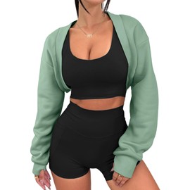 Remidoo Women's Bolero Shrug Open Front Long Sleeve Crop Top Sweatshirt with Thumb Hole, Green, Small