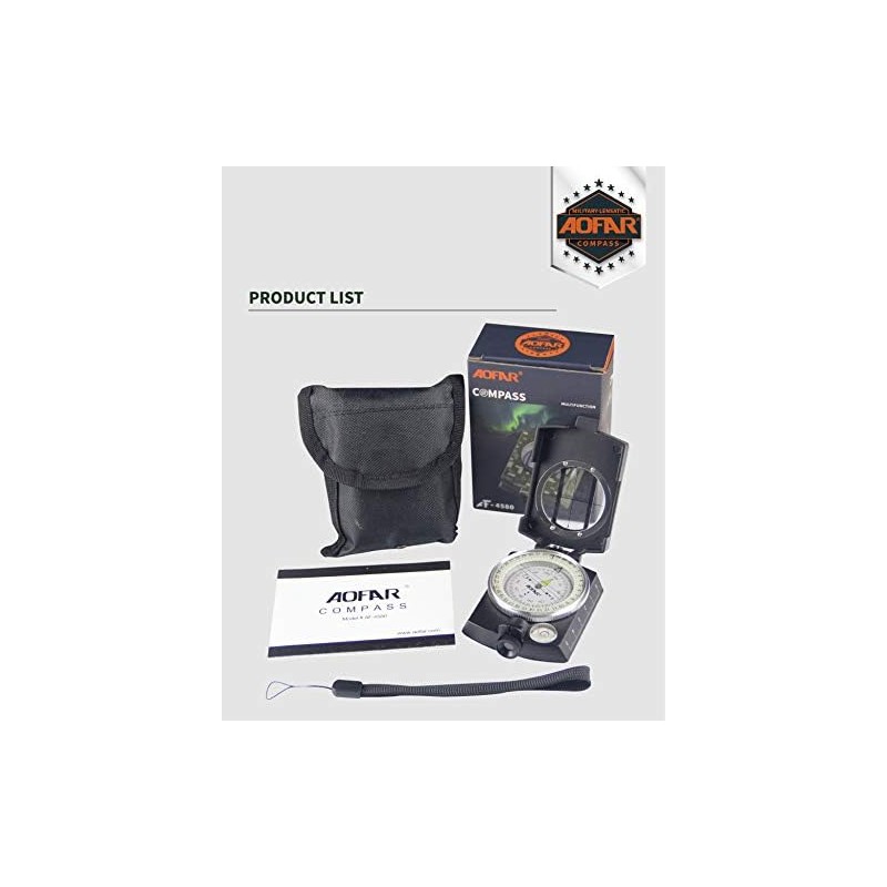 AOFAR Military Compass AF-4580 Black Lensatic Sighting Navigation, Waterproof and
