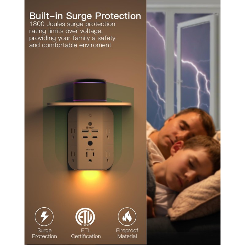 Wall Outlet Extender with Shelf and Night Light, Surge Protector,