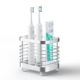 JDOTL Electric Toothbrush Holder for Bathroom, Stainless Steel Toothpaste Organizer Storage Cup for Shower, Tooth Brushing Caddy Stand Tray for Countertop Sink, Silver Bathroom Accessories Decor