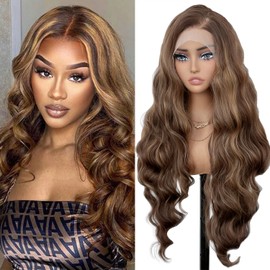 SOKU Synthetic Hair Wig Heat Resistant 32 Inches Gradient Brown 13 x 6 Lace Front Wigs with Baby Hair Mixed Strands Brown and Blonde Natural Curls for Girls Daily Use