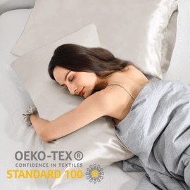 Vielit Set of 2 Satin Pillowcases, 50 x 80 cm, Beige, Soft as Silk Pillowcases, Better Care Than Silk Pillowcases, for Hair and Skin, with 2 Hair Scrunchies