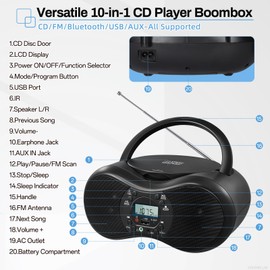DGXWLLW Portable CD Player Boombox for Home with FM Radio, CD-R/CD-RW/MP3 CDs Playback, Remote Control, Bluetooth, USB Port, 3.5mm AUX-in & Headphone Jack, LCD Display, Sleep Timer, Dual Stereo Sound
