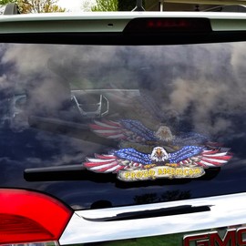 Proud American USA Eagle Flag Wings WiperTag for rear vehicle wiper blades. Detachable and interchangeable. All weather resistant. Universal size. Made in USA.