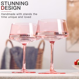 comfit Pink Coupe Glasses Set of 6-13 oz Large Capacity Martini Glassware - Versatile Tall Cocktail Glasses- Hand-Blown Colored Champagne Coupe Glass-Art Deco Cocktail Glasses Set-Wedding Gifts