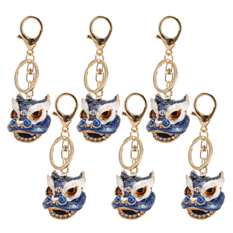 6pcs Lion Dance Keychains Cute Funny Exquisite Metal Rhinestone Chinese