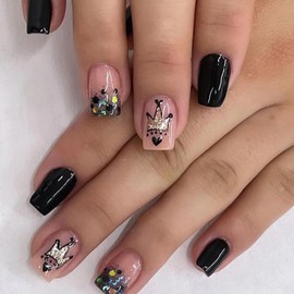 Flower Press on Nail Short 24pcs Spring Summer Flower Fake Nail Sqaure Floral Full Clover False Nail for Women Girls (05-black crown)