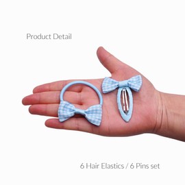 Basic Sense 12pcs Gingham Check Bow School Hair Set, Ribbon Snap Clips & Hair Elastics Ties for Girls School Uniform, Mid Blue