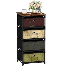 VASICAR Storage Unit with 4 Drawers, Fabric Nightstand, Clothes Organizer, Craft Storage Chest, Small Pattern Dresser for Bedroom, Living Room, Closet, Entryway, Hallway, Nursery, Dorm-Wood Top