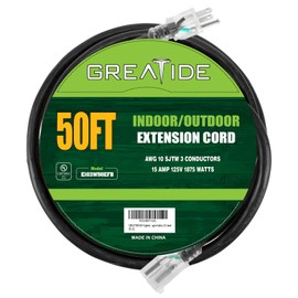 GREATIDE 50 Ft Lighted Outdoor Extension Cord - 10/3 SJTW Heavy Duty Black Extension Cable with 3 Prong Grounded Plug for Safety, UL Listed