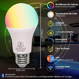 Focos Inteligentes WiFi 2.4Ghz 2 Pack MulticolorLuz Blanca Fría y CálidaRGBCCT 2700K-6500K806 Lumens 9WComandos de Voz con AlexaGoogle HomeControl