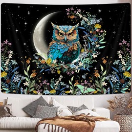 Boho Owl Floral Aesthetic Tapestry, Moon Cute Owl Botanical Flower Plant Boho Tapestry for Bedroom, Vintage Fairy Art Decor Boho Floral Tapestry Wall Hanging for Living Room Dorm, 60'' X 44'' Black