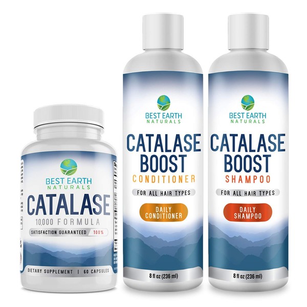 Catalase Formula Starter Kit with 60 Capsules of Catalase 10,000 Supplement, Catalase Shampoo 8 Oz. and Catalase Conditioner 8 Oz.