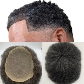 GOODGH Afro Toupee for Black Men Human Hair Curly Toupee Full French Lace African American Wigs 8x10 All Transparent Lace Hairpiece Hair Replacement (10MM-#1B Off Black)