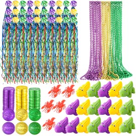 200 Pcs Mardi Gras Parade Throw Bulk Mardi Gras Purple Green Gold Beads Necklaces Plastic Coins Bouncy Balls Alligator Party Favors for Carnival St Patrick Day Celebrations