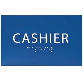 ADA CENTRAL SIGNS - 6" X4" Cashier Sign - ADA Compliant Tactile Graphics Grade 2 Braille Text Reception Desk Wall Sign | Customers Pay Delivery Cash, Front Counter, Lobby Checkout Sign for Hotel, Bank