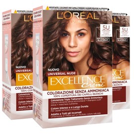 3 x L'Oréal Paris Excellence Cream Universal Nude Permanent Colouration Light Brown 5U Triple Treated - 3 Colours